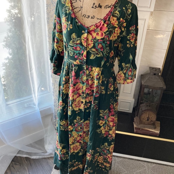 April Cornell Floral Sikkem Maxi Dress Forest Green flowers Sz M-L - Picture 1 of 9